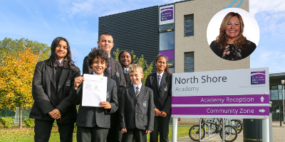 Image of Northshore academy pupils with their Ofsted result