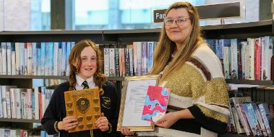 SCBY 2022 winner Elle McNicoll with Best Book Review award winner Tamsin from Junction Farm Primary School