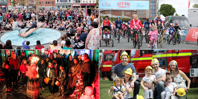 A four image collage. 1. SIRF performers dance on a rocking structure in Stockton High Street. 2. Families ride bikes at a Cycling Festival. 3. Families in face paints and masks at Halloween Spooky Walk. 4. Families in fire hats at the Fire Engine Show.