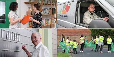 Collage of four photos with woman passing another woman a folder in top left, a man driving the SFPN van in top right, a man putting letter cards on a board in bottom left and children litter picking in bottom right