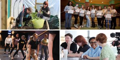 Collage of four photos of BMBF with two young people gardening in top left, BMBF members holding BMBF Approved certificates at the Globe in top right, young people dancing in bottom left and young people smiling at each other sat at a table bottom right