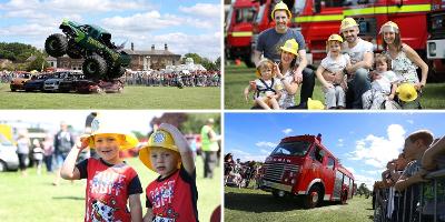 A four image collage showing 1. a green monster truck with Swamp Thing written on the side being driven over five cars side-by-side 2. a smiling family wearing firefighter hats 3. two young boys wearing firefighter hats and 4. a vintage fire engine.