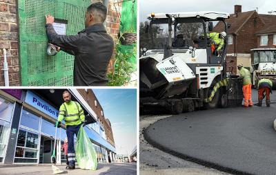 A three picture collage - top left is an enforcement officer attaching a closure notice to a boarded up door, bottom left is a street cleaner picking up litter in Thornaby, and the remaining right half of the image is a road resurfacing crew at work.