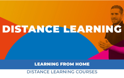 Banner image in bright colours with distance learning courses, learning from home as text and an image of a man smiling in top right 