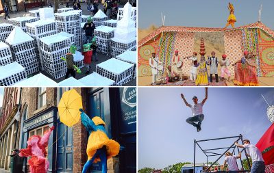 Collage of four photos with paper mini city and children dressed as dinosaurs in top left, group with oboe and drums in top right, two  people in front of stage door in bottom left, and people doing parkour in bottom right