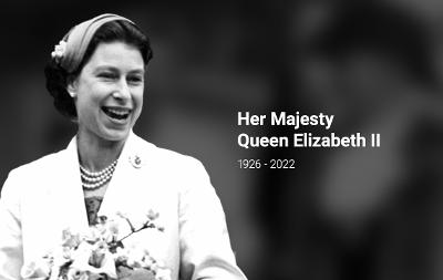 Black and white image of the Queen alongside the words Her Majesty Queen Elizabeth II - 1926 - 2022