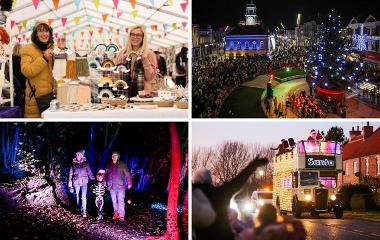 A montage of four images clockwise from top left - traders at a crafts stall at Chic Vintique market, crowds gathered on Stockton High Street for the Christmas lights switch-on, Santa waving from a bus, and a family doing the Halloween Spooky Walk.