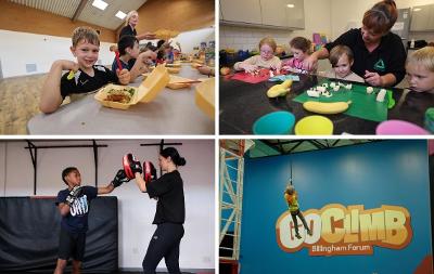 Tiled image of youngsters enjoying free activities like crafts, boxing, climbing and free meals with the HAF (Holidays Are Fun) Programme