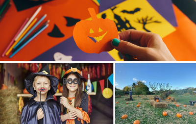 A grid image which shows a pumpkin being crafted, Preston Park's pumpkin patch and two children with Halloween masks on.