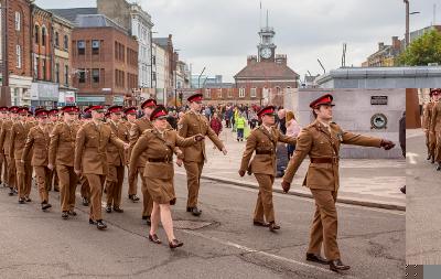 Armed forces personnel parade down Stockton High Street on Remembrance Sunday 2021