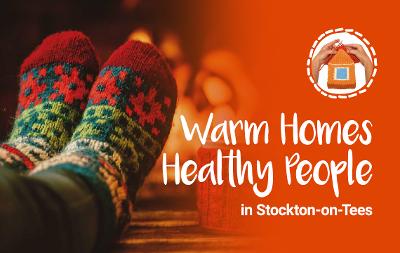 A picture of feet covered by socks on a table with the accompanying text "Warm Homes Healthy People in Stockton-on-Tees"