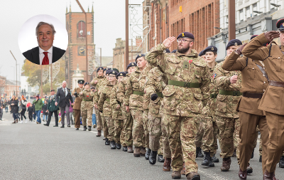 A Remembrance Day parade with a headshot of the Council's Leader, Councillor Bob Cook