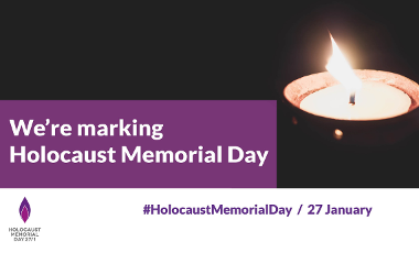 An image of a candle. Text says: We're marking Holocaust Memorial Day