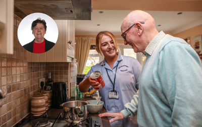 An image of a carer helping in a resident's kitchen. Image also has a headshot of Councillor Ann McCoy 