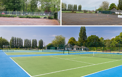 A grid image showing Littleboy Park tennis courts before and after the renovation