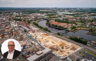 An image of the Stockton Waterfront development and demolition of the site 