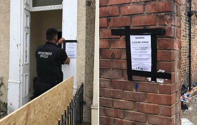 Two images of the closure order outside the property on Hartington Road