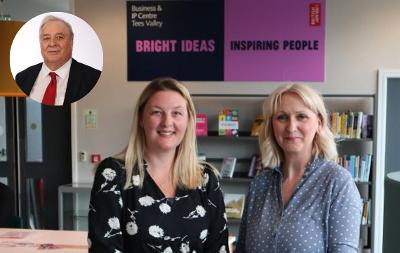 An image of staff at the Business and IP Centre Tees Valley. Top left corner is a headshot of the Council's Leader, Councillor Bob Cook