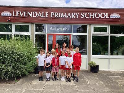 Mrs Joanne Lewis, Head Teacher of Levendale Primary School, pictured with pupils from the school