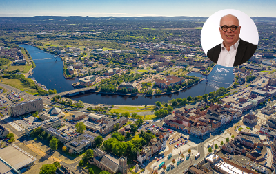 An aerial image showing Teesdale Business Park and the nearby Tees Marshalling Yards. Image also has a headshot of Councillor Nigel Cooke in the top right hand corner