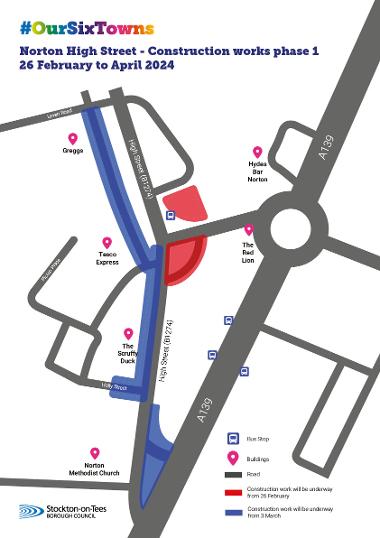 A map showing that work will be carried out on the west side of Norton High Street between Holly Street and the shopping parade from Sunday 3 March to Friday 26 April. Traffic will not be able to exit Holly Street during this time.