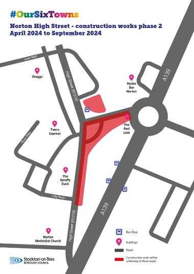 A map showing the second phase of work on Norton High Street from April to August which will include highways and footpath works from Harland Place to Holly Street and surfacing works of the entire road.