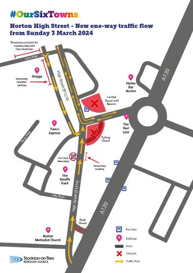 A map showing the new permenant, one-way system on Norton High Street from the Methodist Church to Leven Road shopping parade. The road layout of Leven Road shopping parade will also change and traffic will enter via Leven Road and exit left.