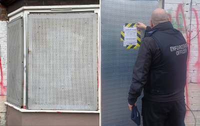 Split image showing a boarded up property and an enforcement officer attaching a closure order document to the house