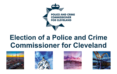 Four images of landmarks from each Tees Valley region with the text "Election of a Police and Crime Commissioner for Cleveland" and the PCC's logo