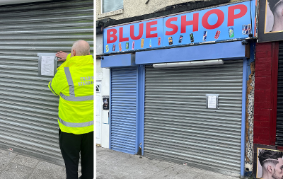 A grid image showing the Blue Shop and an officer issuing the closure order notice