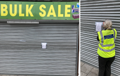 A grid image showing Bulk Shop and the closure order notice on shutters outside the shop 