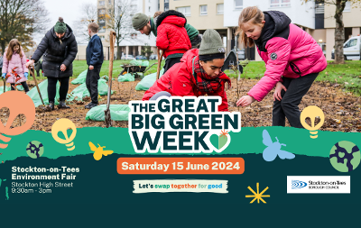 An image of children planting trees with the logo The Great Big Green Week in the middle