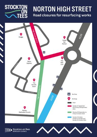 A map showing the resurfacing of the road on Norton High Street that will take place across September and October