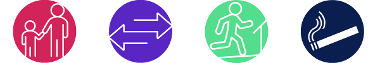 Set of four icons with one pink with a child holding hands with adult, one purple with arrows, one green with a person running on a treadmill, and one dark blue with a cigarette