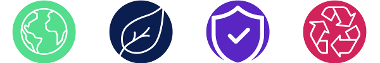 Set of four icons with one green with the world, one dark blue with a leaf, one purple with a shield, and one pink with the recycling symbol