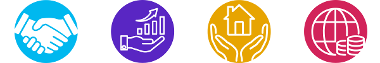 Set of four icons with one light blue with hands shaking, one purple with a hand holding a chart and an arrow upwards, one yellow with hands holding a house, and one pink with a globe and two stacks of coins