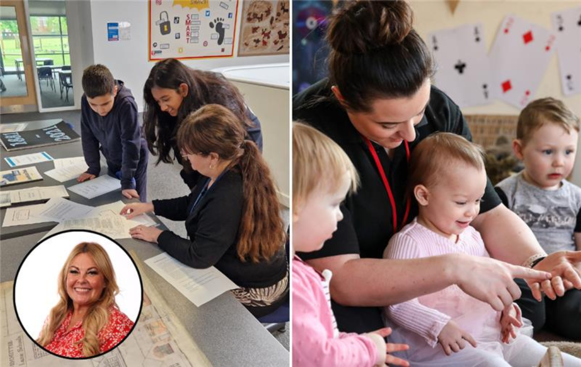 Teacher at school with pupils and assistant with babies in nursery