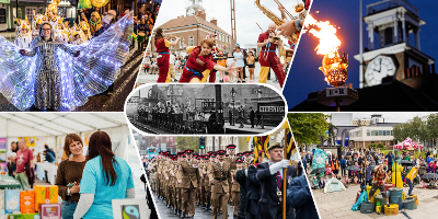 Seven events in Stockton: top left Stockton sparkles, top middles SIRF, top right VE day, bottom left Stockton environment day, bottom middle armed forces day,  bottom right festival of thrift, centre S&DR200